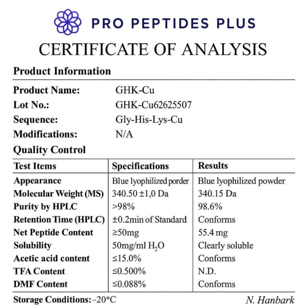 GHK-Cu Copper Peptide - certificate of analysis