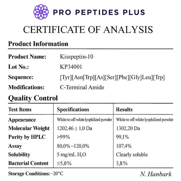Kisspeptin-10 certificate of analysis